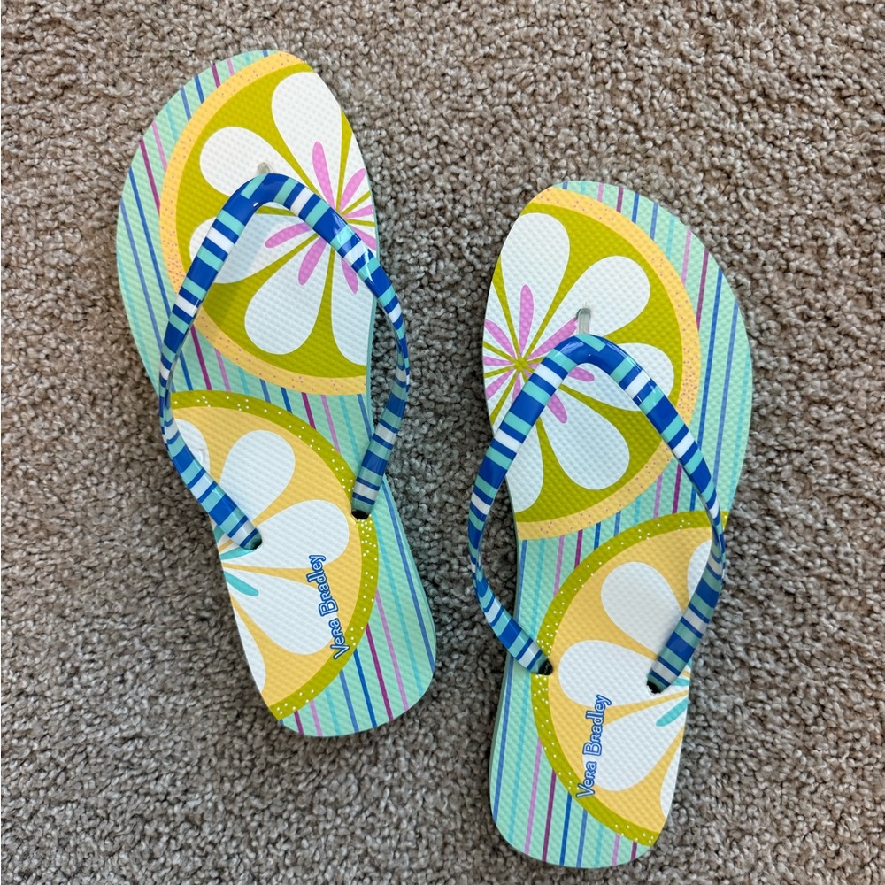 Large 9-10 Vera Bradley Blue and Yellow Floral Flip Flops. NWOT
